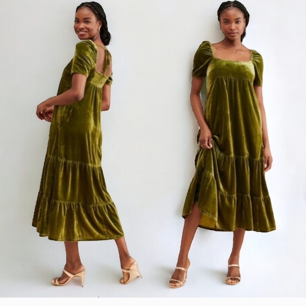 Anthropologie Somerset Velvet Green Tiered Elegant Olive Green‎ Velvet Dress